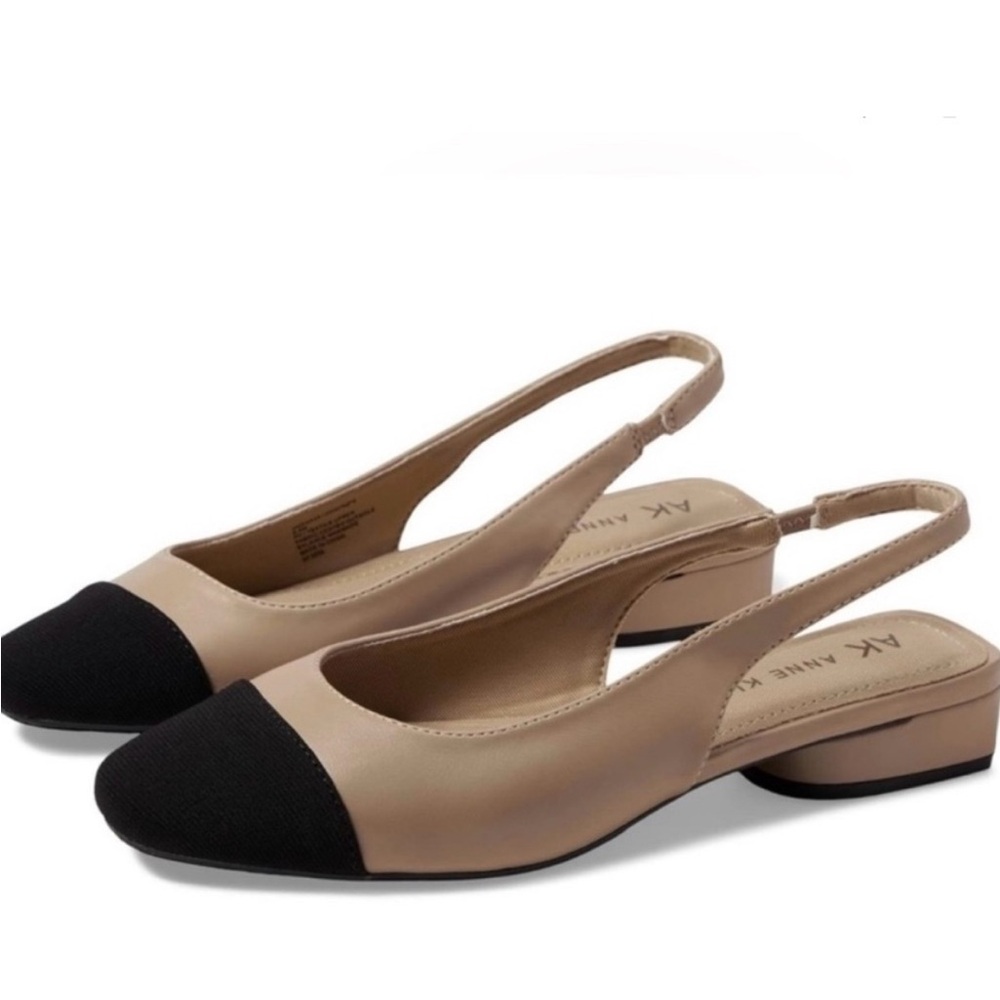 Anne Klein Slingback Flats – Nude & Black Cap Toe, Size 9, Never Worn